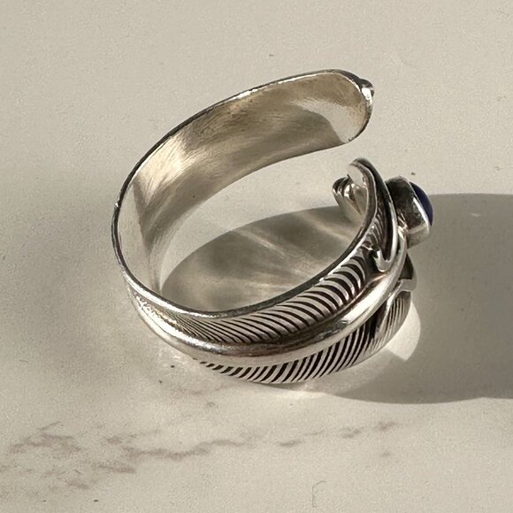 Native American Navajo Sterling Silver & Lapis Wrap Around Feather Ring Signed C - Picture 4 of 9